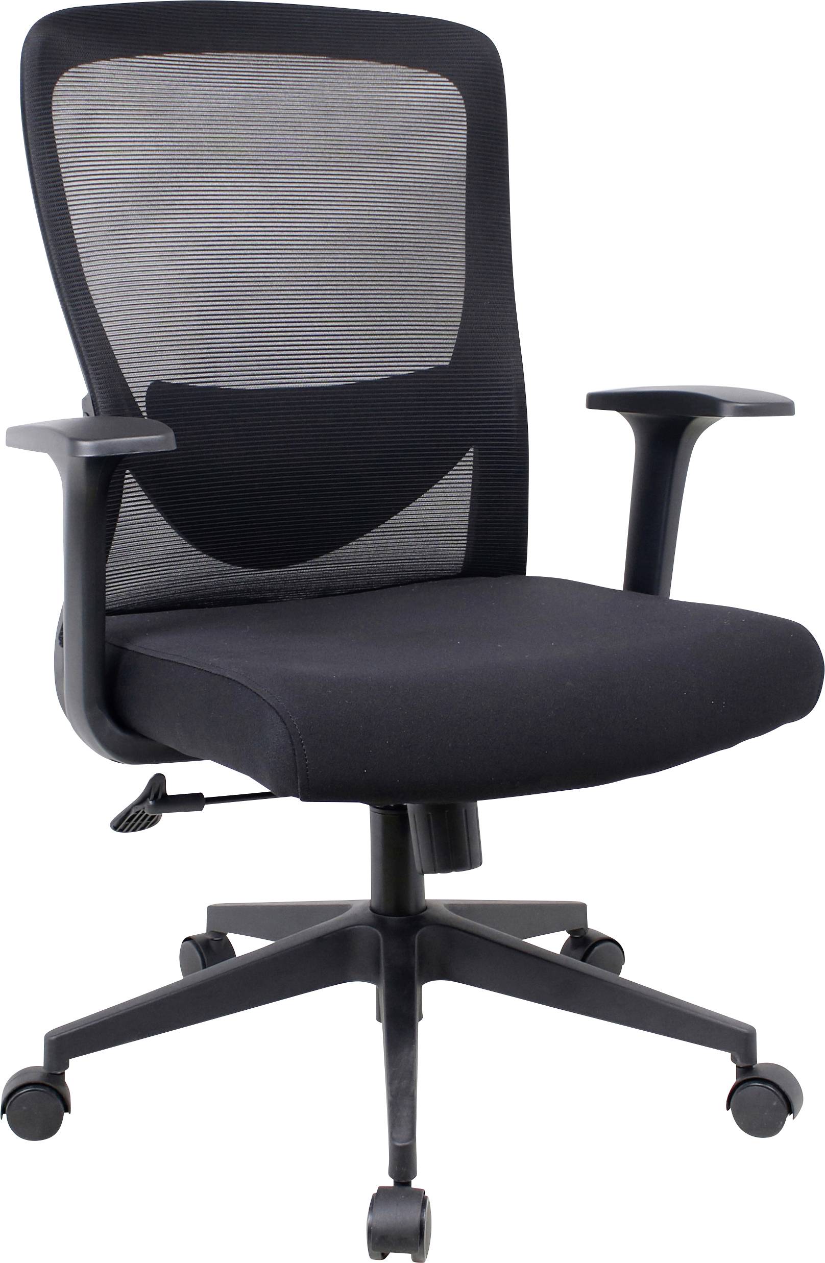 Zwart ergonomische kantoorstoel met verstelbare armleuningen en een gazen rugleuning op een wielbasis.