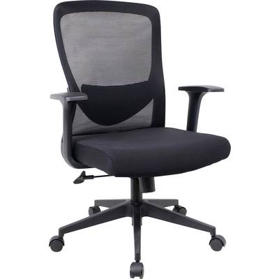 Zwart ergonomische kantoorstoel met verstelbare armleuningen en een gazen rugleuning op een wielbasis.