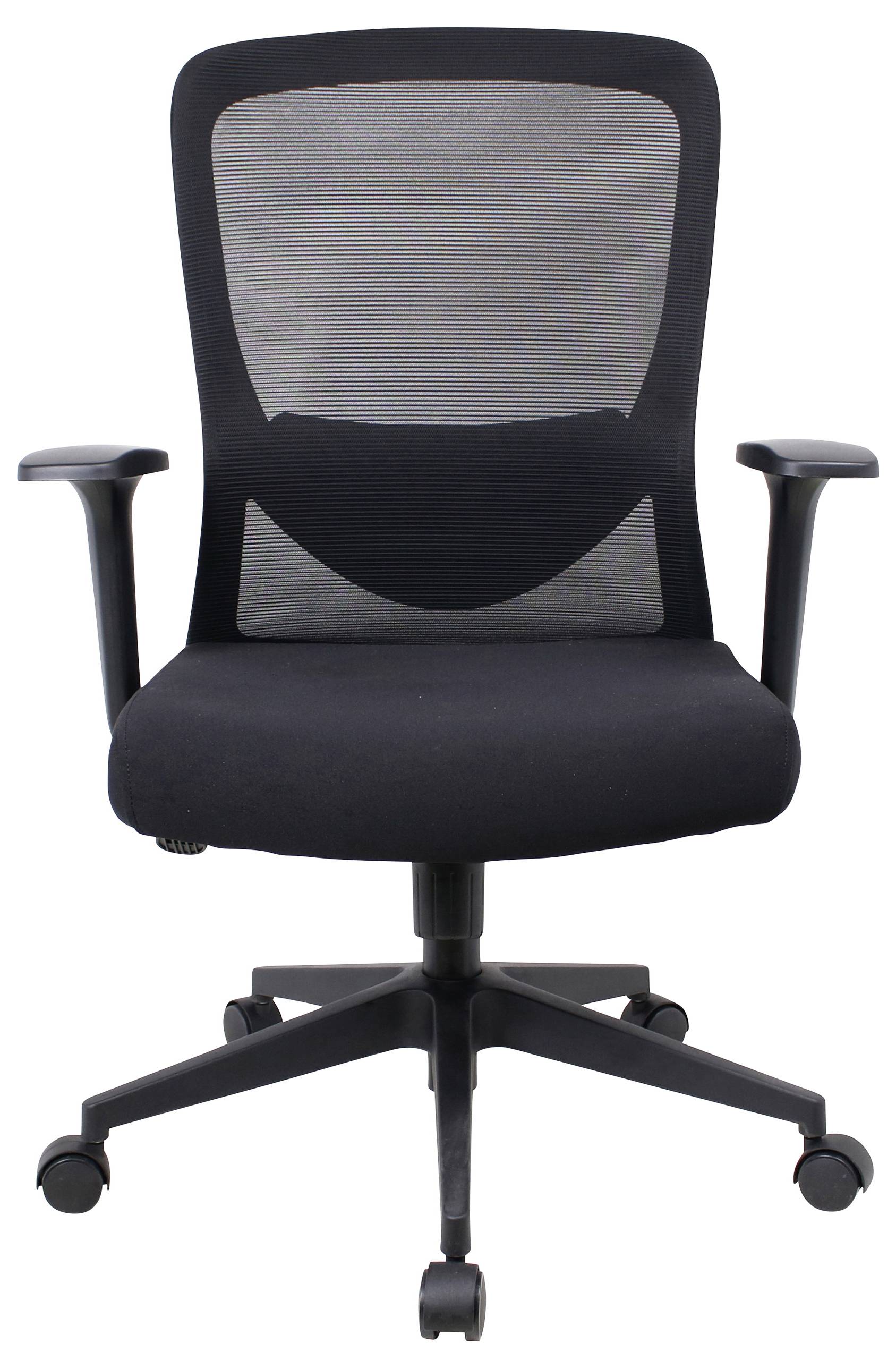 Een zwarte ergonomische kantoorstoel met mesh-rug, verstelbare armleuningen en vijfwielige basis. Geschikt voor het verbeteren van zitcomfort en ondersteuning.