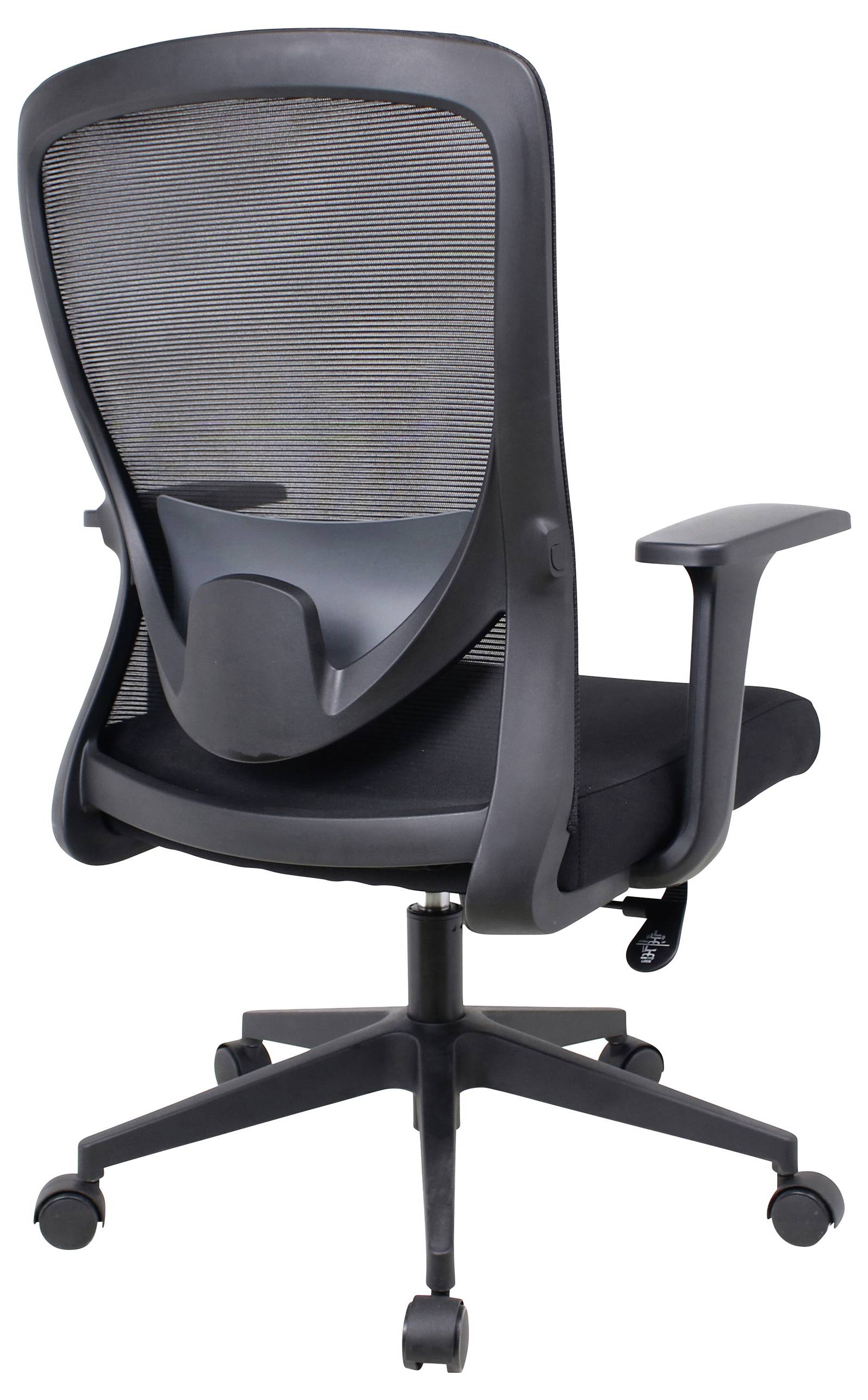 Een zwarte ergonomische kantoorsstoel met een mesh-rugsteun, verstelbare armleuningen en een vijfwielige basis, ontworpen voor comfort en ondersteuning.