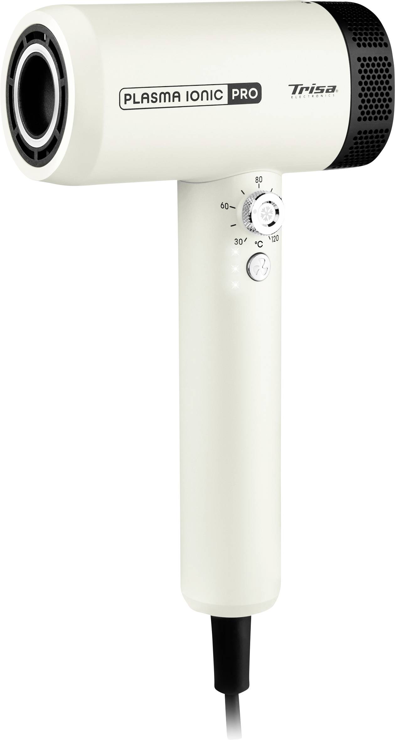 Een witte föhn met het label 'Plasma Ionic Pro' en een temperatuurinstelring op het handvat.