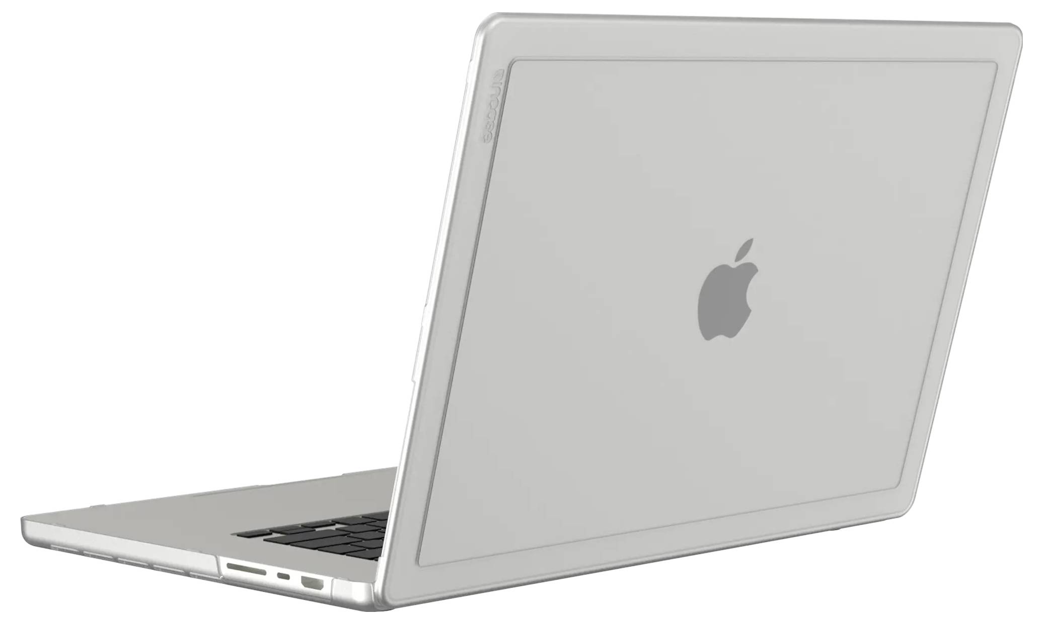 Een zilveren laptop die iets open staat, met poorten aan de zijkant, en een Apple-logo op de deksel.