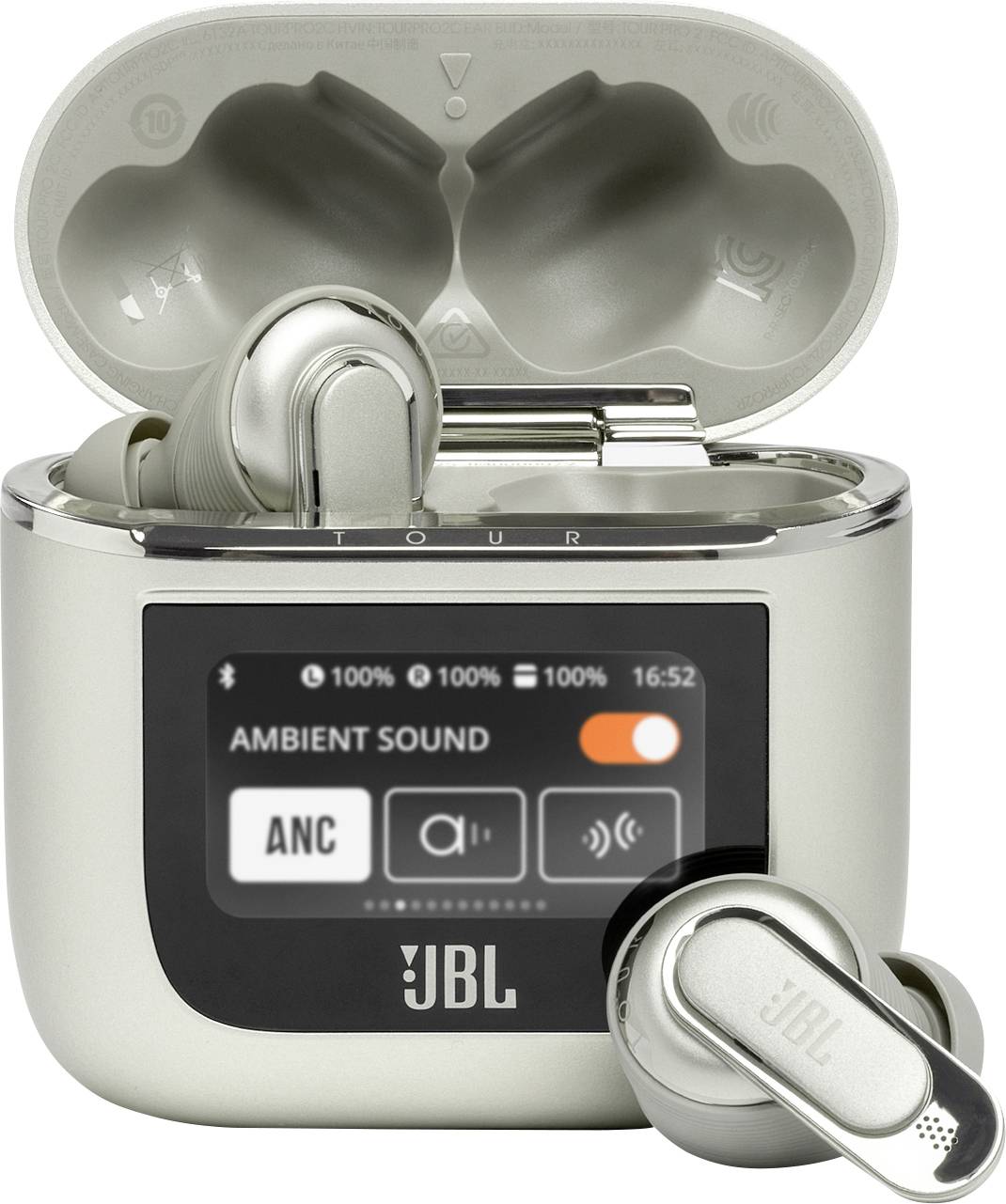 JBL draadloze oordopjes met open oplaadcase met een touchdisplay waarop de opties 'Ambient Sound' en 'ANC' (Active Noise Cancelling) worden weergegeven.