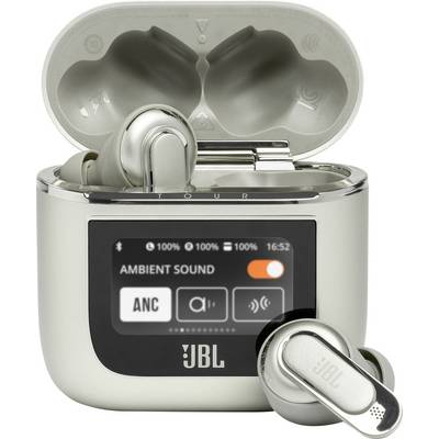 JBL draadloze oordopjes met open oplaadcase met een touchdisplay waarop de opties 'Ambient Sound' en 'ANC' (Active Noise Cancelling) worden weergegeven.