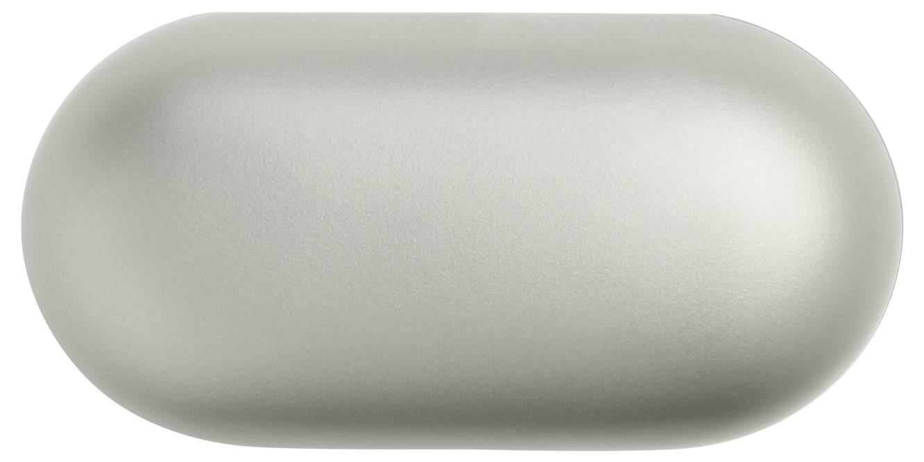 Een gladde, ovale, zilveren metalen voorwerp met een glanzend oppervlak, dat lijkt op een grote capsule of pil.