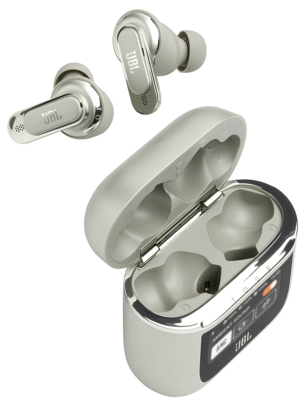 Zilveren draadloze oordopjes met 'JBL' logo, weergegeven met een open oplaadcase. De case toont een digitaal afleesbaar oplaadstatus-scherm.