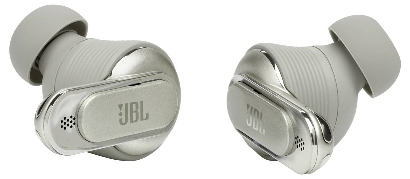 Grijze JBL-oordopjes met zilveren accenten, met een strak design en compacte pasvorm.