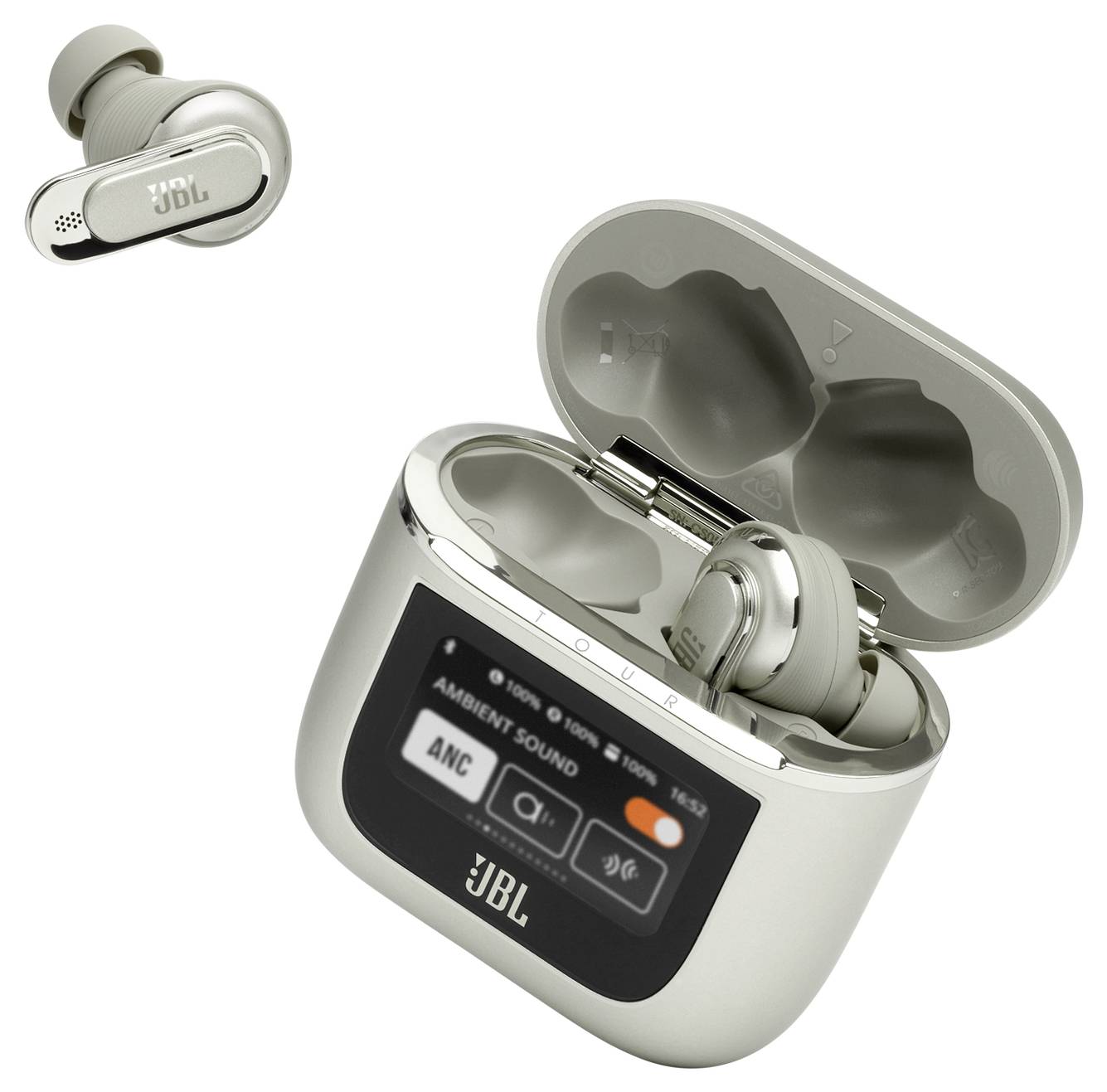 Draadloze oordopjes met oplaadcase en digitaal display dat instellingen zoals 'ANC' (Active Noise Cancellation) en 'Ambient Sound' toont.