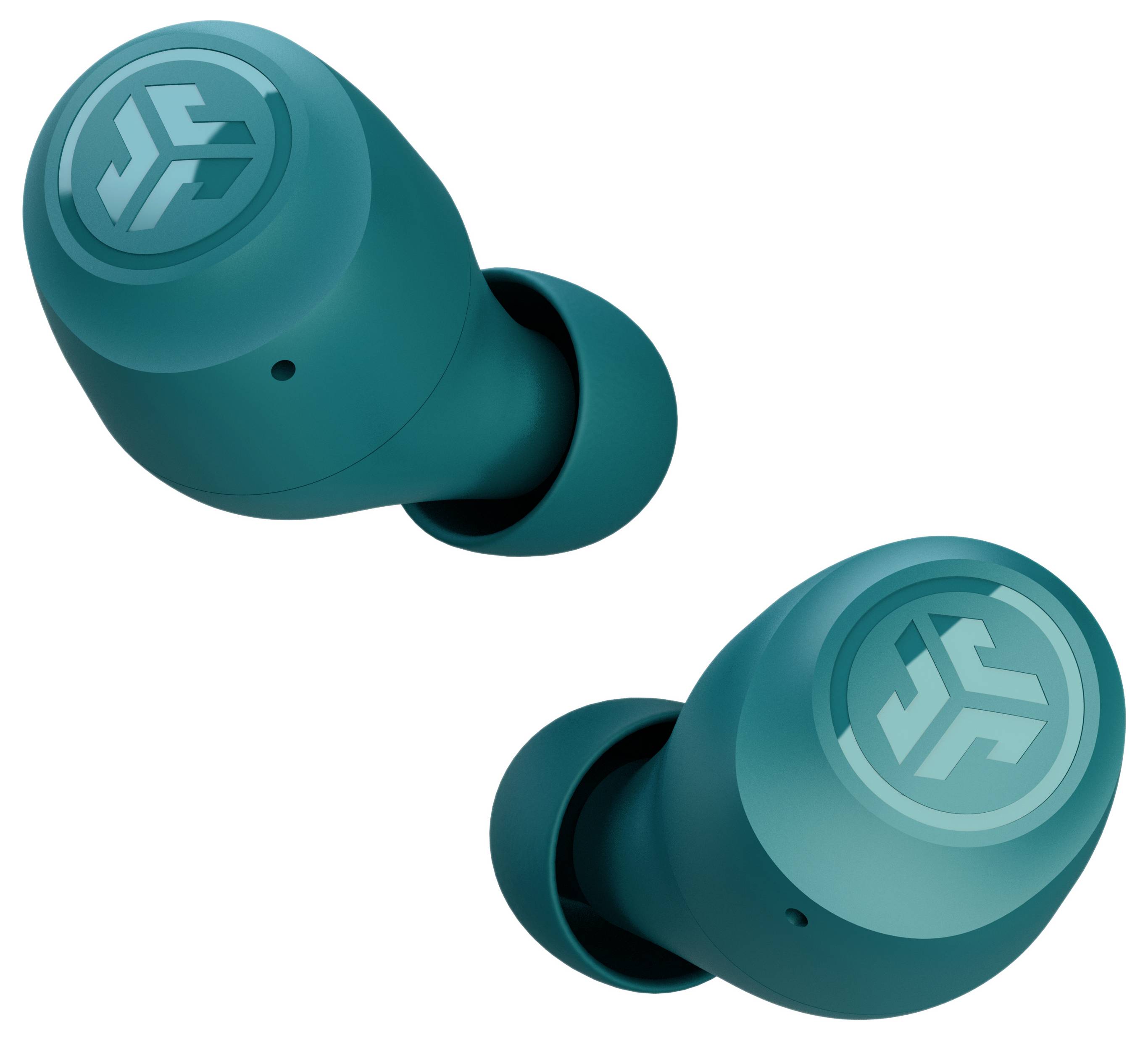 Twee groene-blauwe draadloze oordopjes met een logo op het buitenoppervlak, die onder verschillende hoeken zijn gericht.