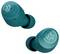 Twee groene-blauwe draadloze oordopjes met een logo op het buitenoppervlak, die onder verschillende hoeken zijn gericht.
