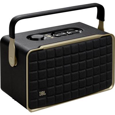 Draagbare JBL-speaker met een zwart gestructureerd voorpaneel, gouden rand, bedieningsknoppen bovenop en een handvat om te dragen.