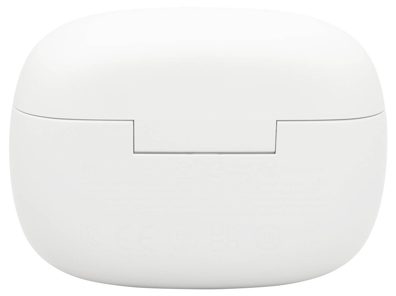 Een witte, compacte elektronische apparaatbehuizing met een scharnierende deksel, mogelijk bedoeld voor oordopjes of een oplader. Minimalistisch ontwerp, geen zichtbare merkidentificatie.