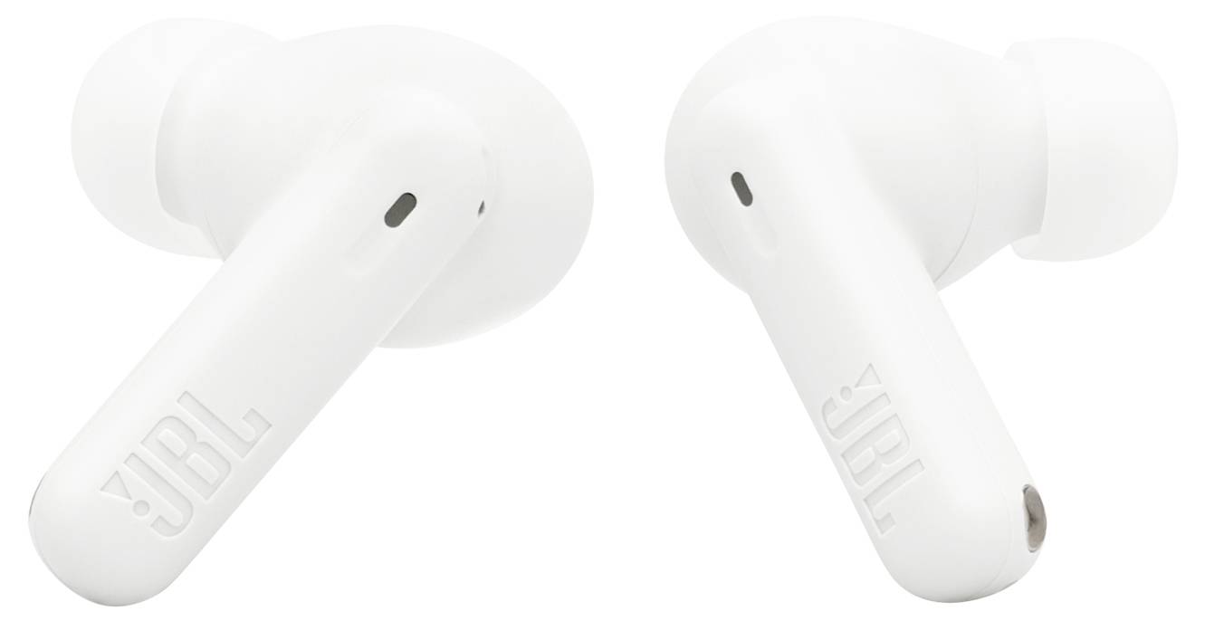 Witte draadloze oordopjes met merk-logo gegraveerd op de steeltjes.