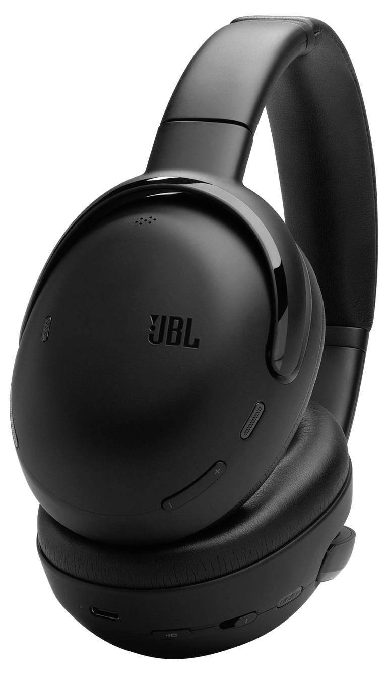 Zwarte over-ear draadloze koptelefoon met een strak design, waarbij de bedieningselementen zichtbaar zijn op de oorschelp, voorzien van het 'JBL' merk.