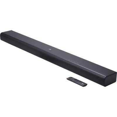 Een slanke zwarte soundbar met subtiele bedieningselementen aan de voorkant en logo, vergezeld van een kleine zwarte afstandsbediening aan de rechterkant.