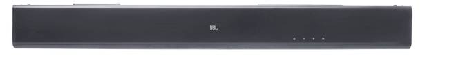 Een zwarte soundbar met minimalistisch ontwerp heeft vier kleine knoppen aan de rechterkant en een klein logo in het midden.