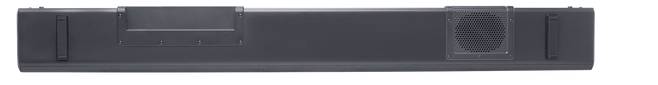 Een lange, zwarte rechthoekige luidsprekerbalk met een metalen rooster aan de rechterkant voor geluiduitvoer, ontworpen voor geluidsverbetering.