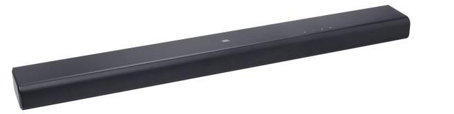 Een slanke, zwarte soundbar met vier knoppen op de bovenkant, geschikt voor het verbeteren van de audio-ervaring in home entertainment-systemen.