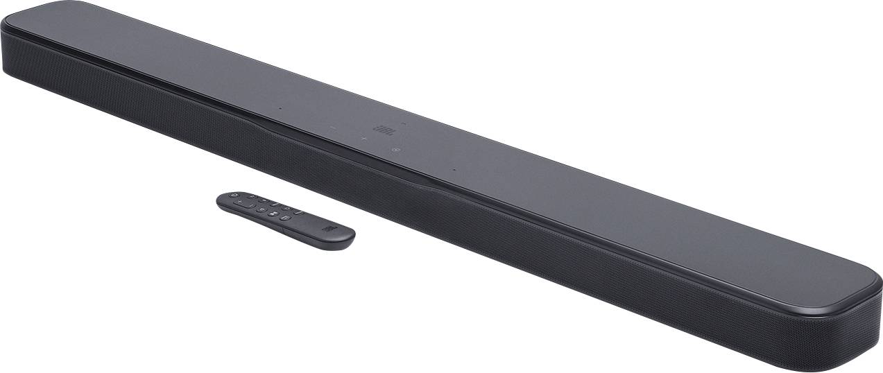 Een zwarte soundbar met een bijpassende afstandsbediening ernaast geplaatst op een witte achtergrond.