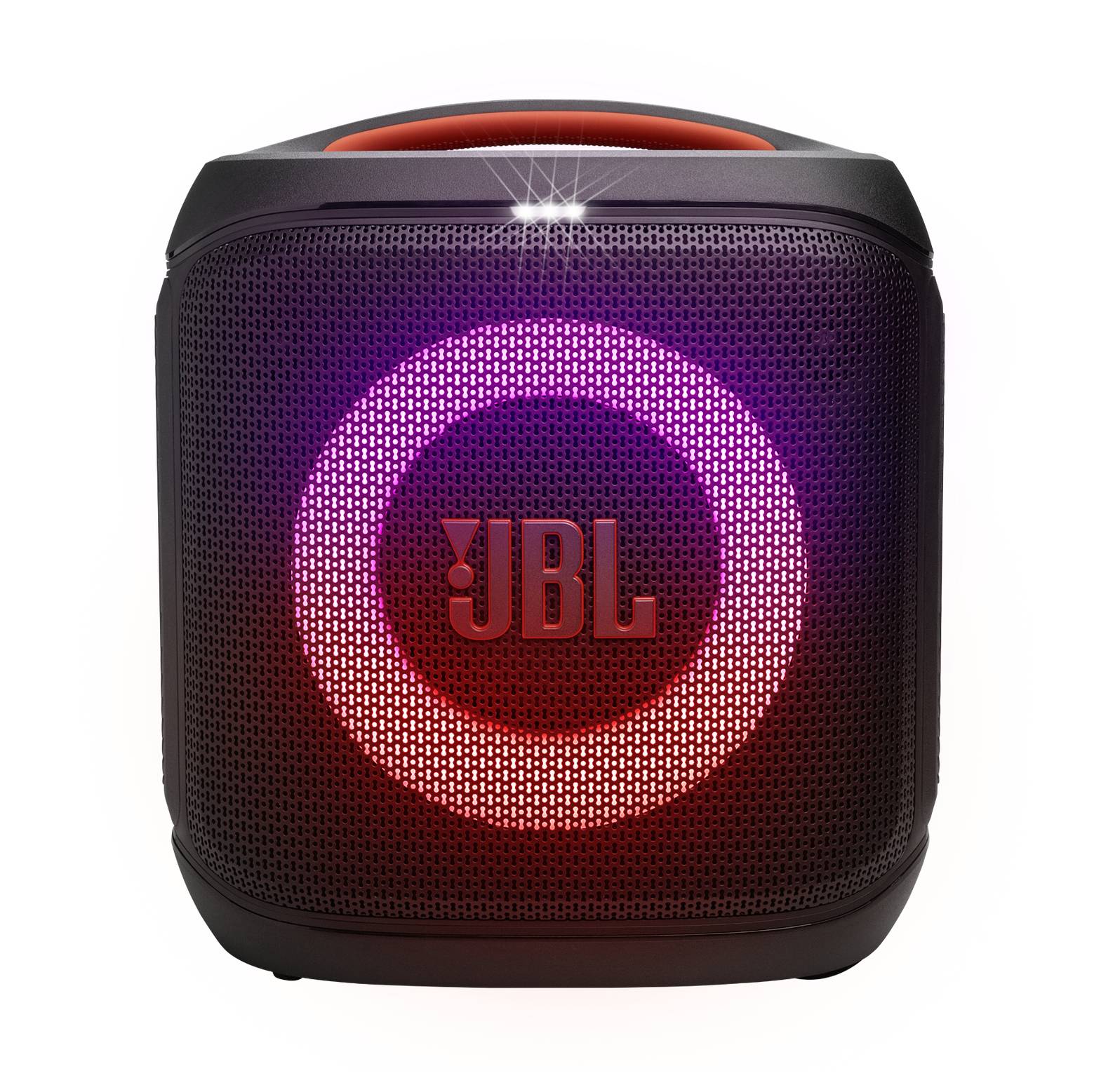 Draagbare speaker met een oplichtende ring en 'JBL' logo, die meerkleurige LED-verlichting uitstraalt, wat wijst op een levendige, dynamische geluidsbelevenis.