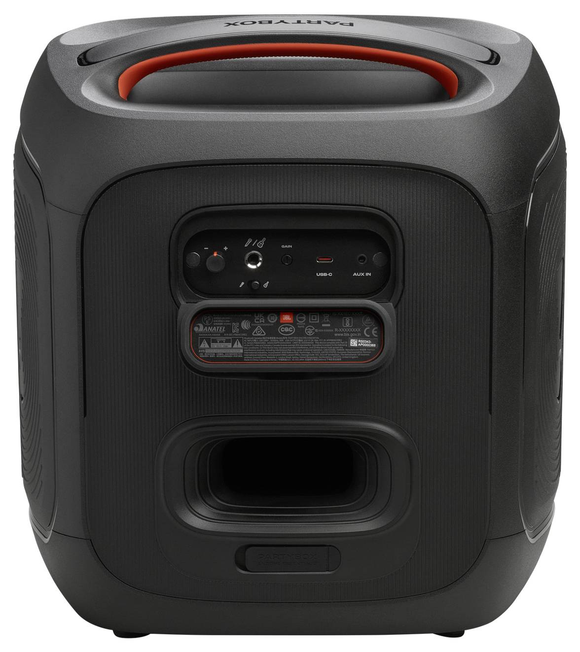 Een zwarte, rechthoekige draagbare luidspreker met bedieningspaneel, voorzien van volumeregeling en aansluitpoorten, omringd door een oranje handgreep.