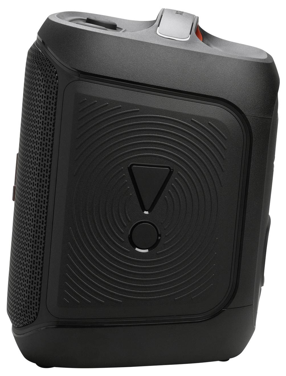 Een zwarte draagbare speaker met een gestructureerd cirkelvorming ontwerp en bedieningsknoppen bovenop.