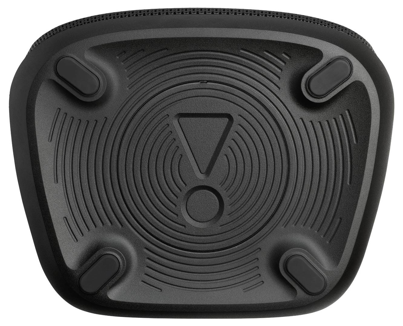 'Onderkant van een driehoekig zwart elektronisch apparaat met cirkelvormige patronen en vier rubberen voetjes voor stabiliteit.'