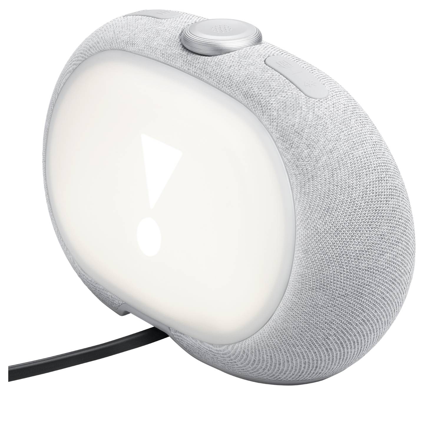 Een grijze, ovaalvormige slimme speaker met een oplichtend frontdisplay waarop een uitroepteken staat. Een kabel is bevestigd aan de basis.