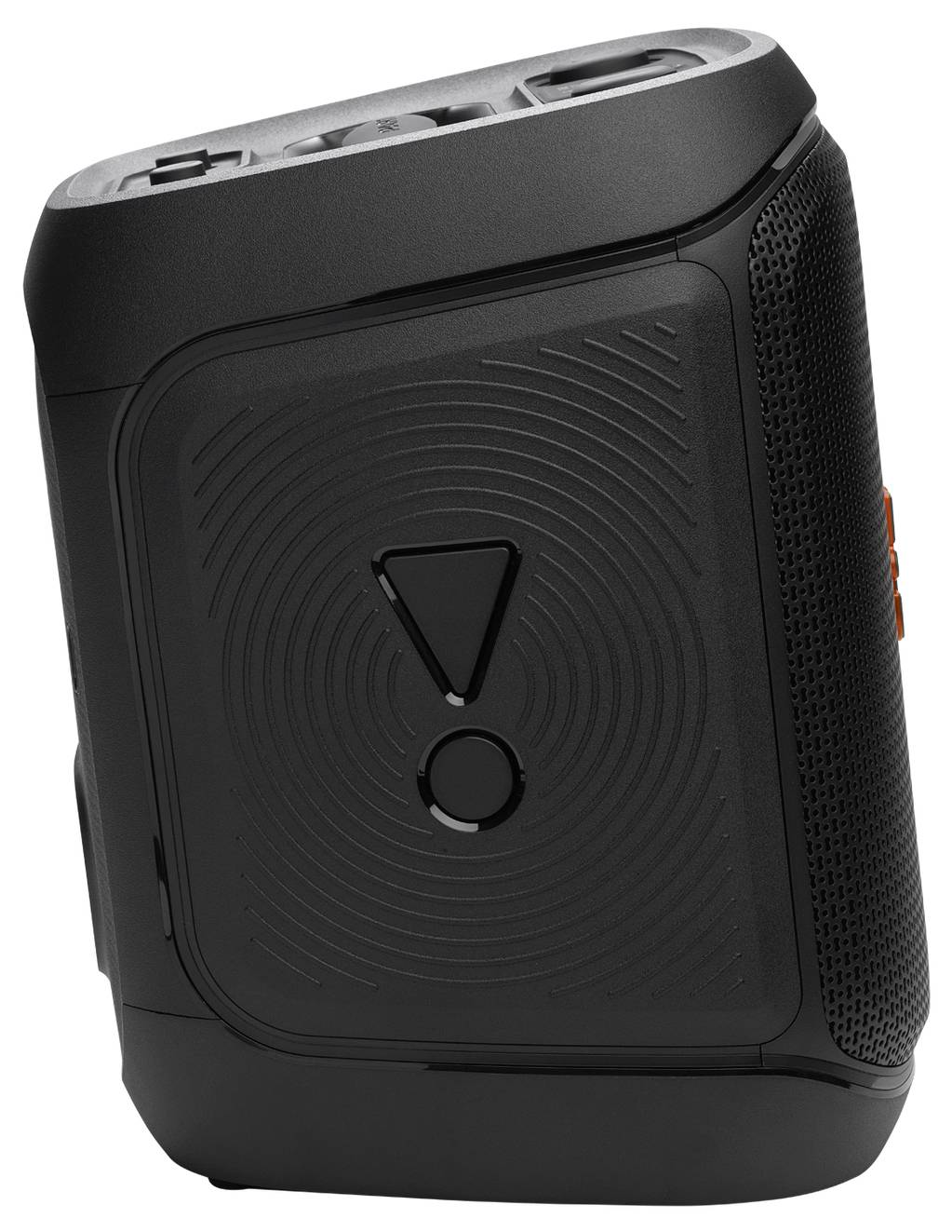 Een compacte, zwarte draadloze speaker met bedieningsknoppen bovenop en een getextureerde zijkant, ontworpen voor draagbaarheid en gemakkelijk gebruik.