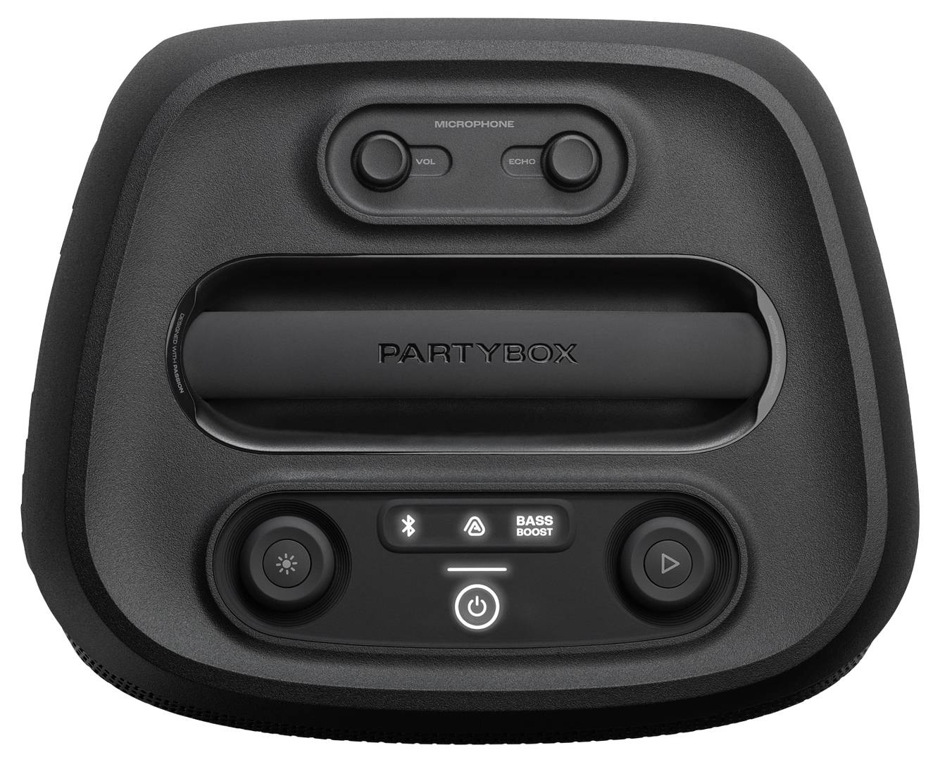 Een zwart speakerbedieningspaneel met knoppen voor volume, basversterking, Bluetooth-verbinding en aan/uit, gelabeld 'PARTYBOX'.