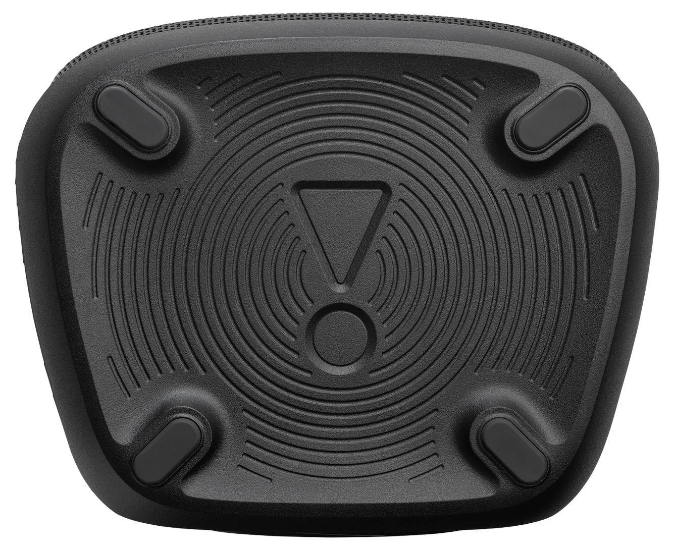 Een zwart rubberen oppervlak met vier kleine grepen en een groot uitroepteken in het midden, met concentrische cirkelvormige patronen.