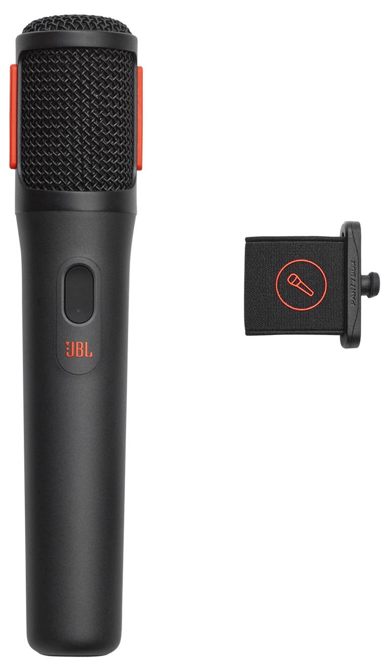 Een zwarte handmicrofoon met een rode JBL-logo, vergezeld van een afneembare bevestiging met een rode microfoon-icoon.