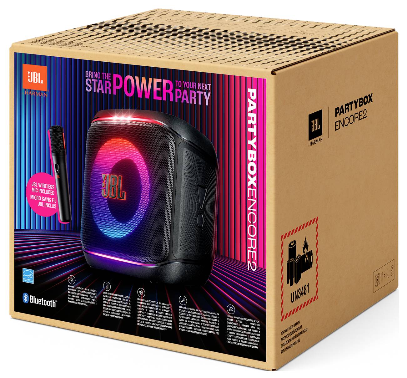 JBL Partybox Encore 2 speaker in een box met kleurrijke verlichting en microfoonpictogram, met de nadruk op Bluetooth en draadloze microfoon functies.