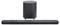 Een zwarte soundbar en subwoofer set ontworpen voor thuisaudiosystemen, gepositioneerd tegen een effen achtergrond.