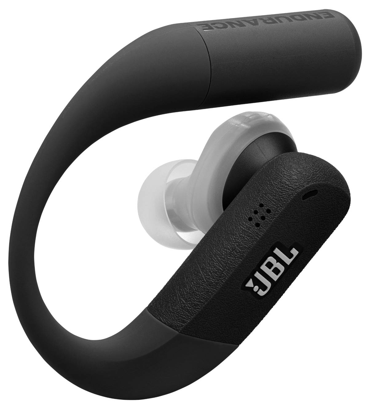 Zwarte JBL draadloze sportieve oordopjes met een over-ear haak, ontworpen voor een veilige pasvorm tijdens fysieke activiteiten.