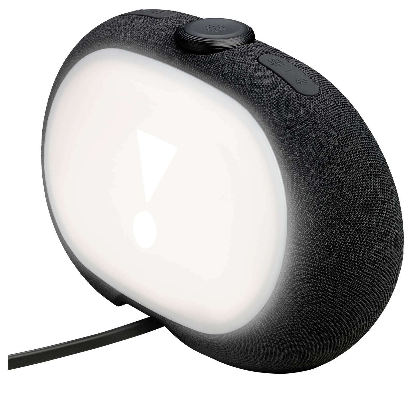 Een slimme speaker met een gloeiend scherm waarop een uitroepteken wordt weergegeven, wat een waarschuwing of melding aangeeft, geplaatst op een vlak oppervlak.