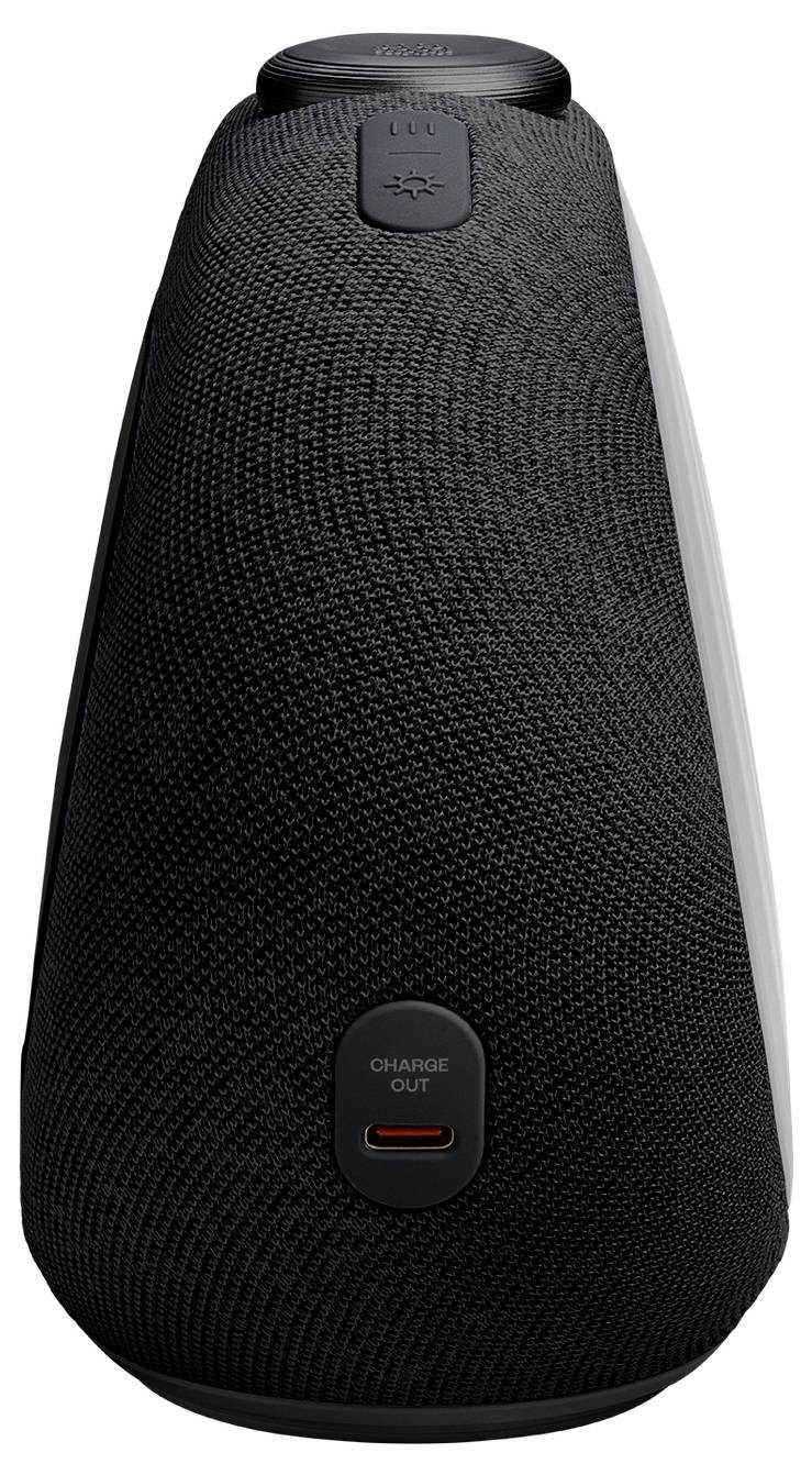 Een zwarte, driehoekige draadloze luidspreker met een gestructureerd stoffen oppervlak. Knoppen aan de bovenkant; oplaadpoort met het label 'Charge Out' aan de onderkant.