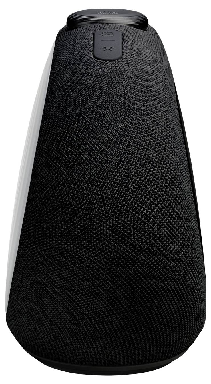 Een strakke, zwarte, kegelvormige slimme speaker met een meshexterieur, voorzien van bedieningsknoppen bovenop, ontworpen voor modern audiogebruik.
