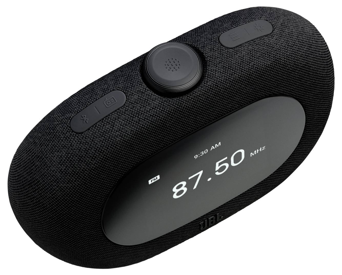 Een zwarte cilindrische speaker met een digitaal display waarop '87.50 MHz' wordt weergegeven. Bovenop bevinden zich knoppen voor Bluetooth, volume en aan/uit.