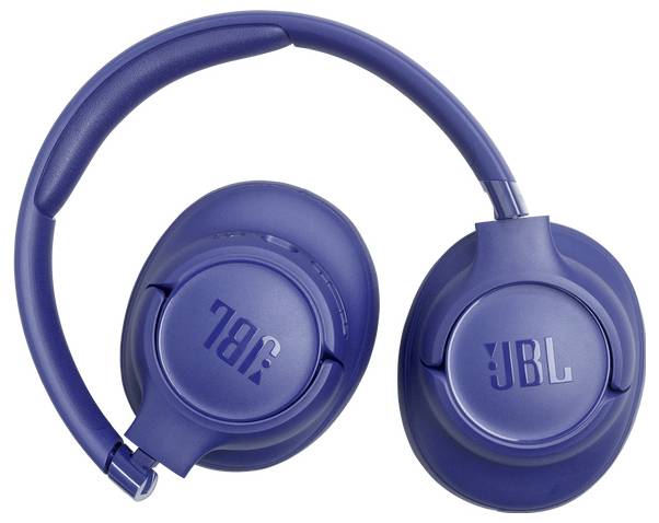 Blauwe JBL-koptelefoon met gedemkte oorkussens en een gewatteerde hoofdband, ontworpen voor comfort en hoogwaardige audio.