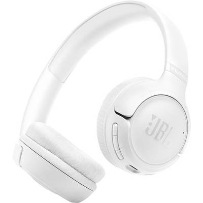 Een paar witte over-ear JBL hoofdtelefoons met gedempt oorkussen, volumebediening en een strak design worden getoond tegen een witte achtergrond.