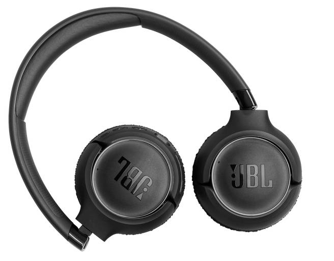Zwarte draadloze JBL-koptelefoon met opvouwbaar ontwerp.