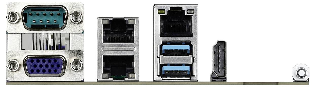 Computerpoortpaneel met seriële, VGA, Ethernet, USB en HDMI-poorten.