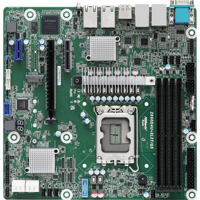 Een computermoederbord met verschillende sleuven, poorten en een centrale processorsocket.