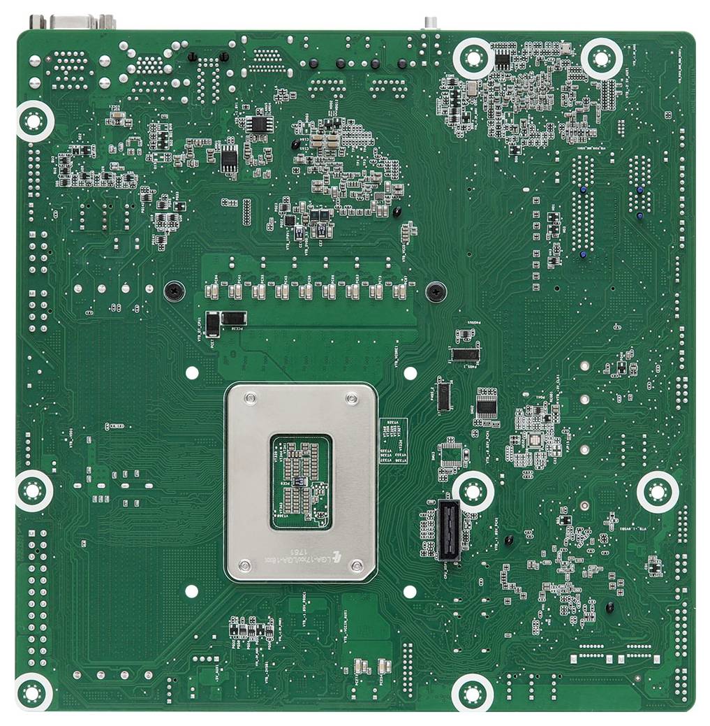 Groene printplaat met verschillende elektronische componenten, aansluitbanen en connectoren, met een centraal rechthoekig metalen oppervlak voor een processor.