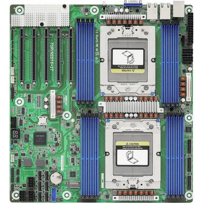 Een groene computermoederbord met twee grote CPU-sokken, meerdere RAM-sleuven gevuld met blauwe warmteafleiders, en diverse aansluitingen en poorten.