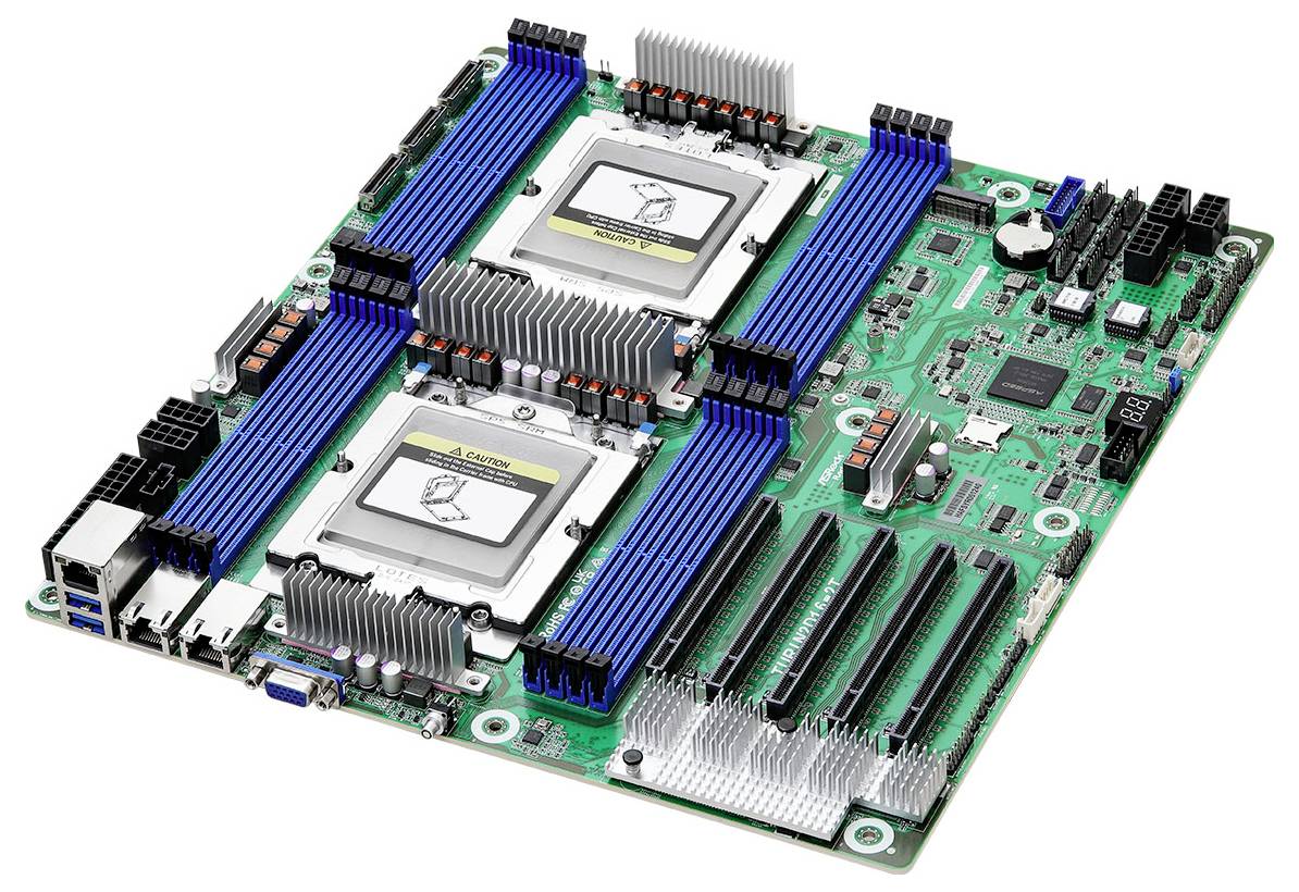 Een computermoederbord met twee CPU-sockets met koellichamen, blauwe RAM-sleuven, PCIe-sleuven en verschillende connectoren voor data en stroom.