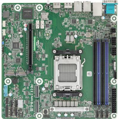 'Een computermoederbord met verschillende componenten zoals RAM-sleuven, processorsocket, PCIe-sleuven en voedingsaansluitingen.'