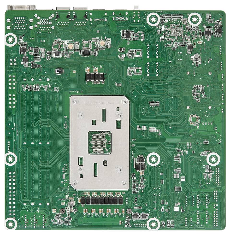 Een groen printbord met verschillende elektronische componenten, aansluitingen en een centrale metalen warmteafvoer.