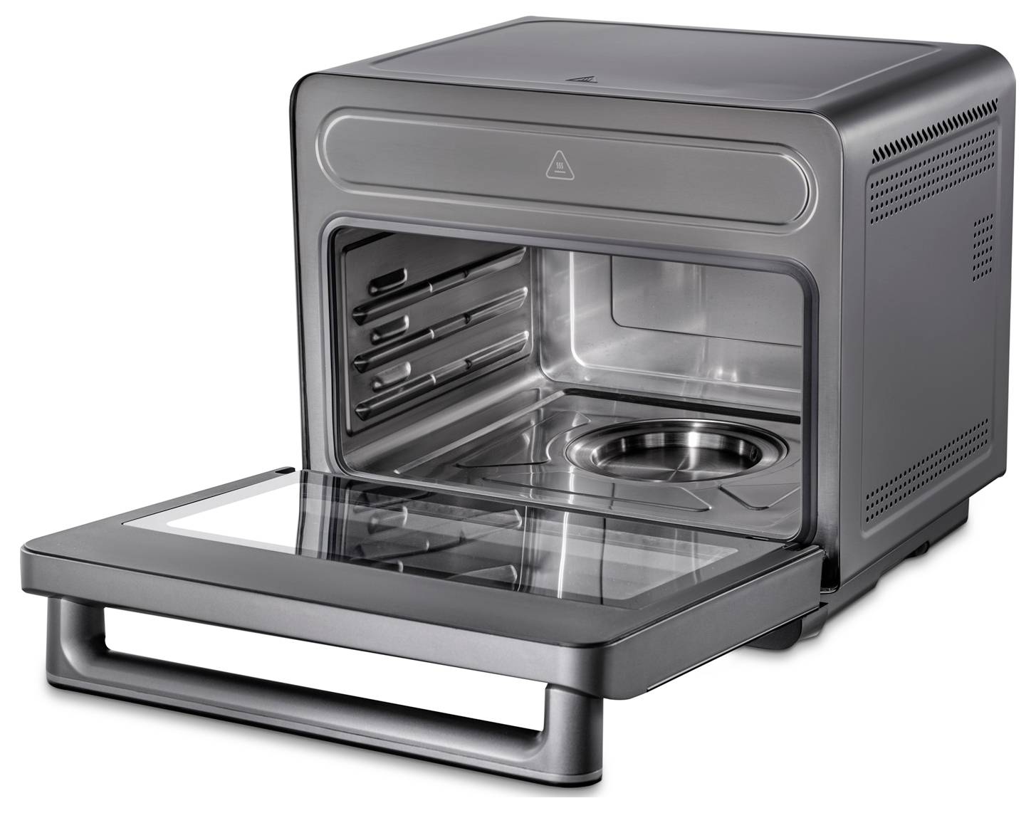 Een moderne metalen airfryer-oven met een transparante open deur, waarbij de rekken en een ventilator binnenin zichtbaar zijn, ontworpen voor veelzijdig koken in de keuken.